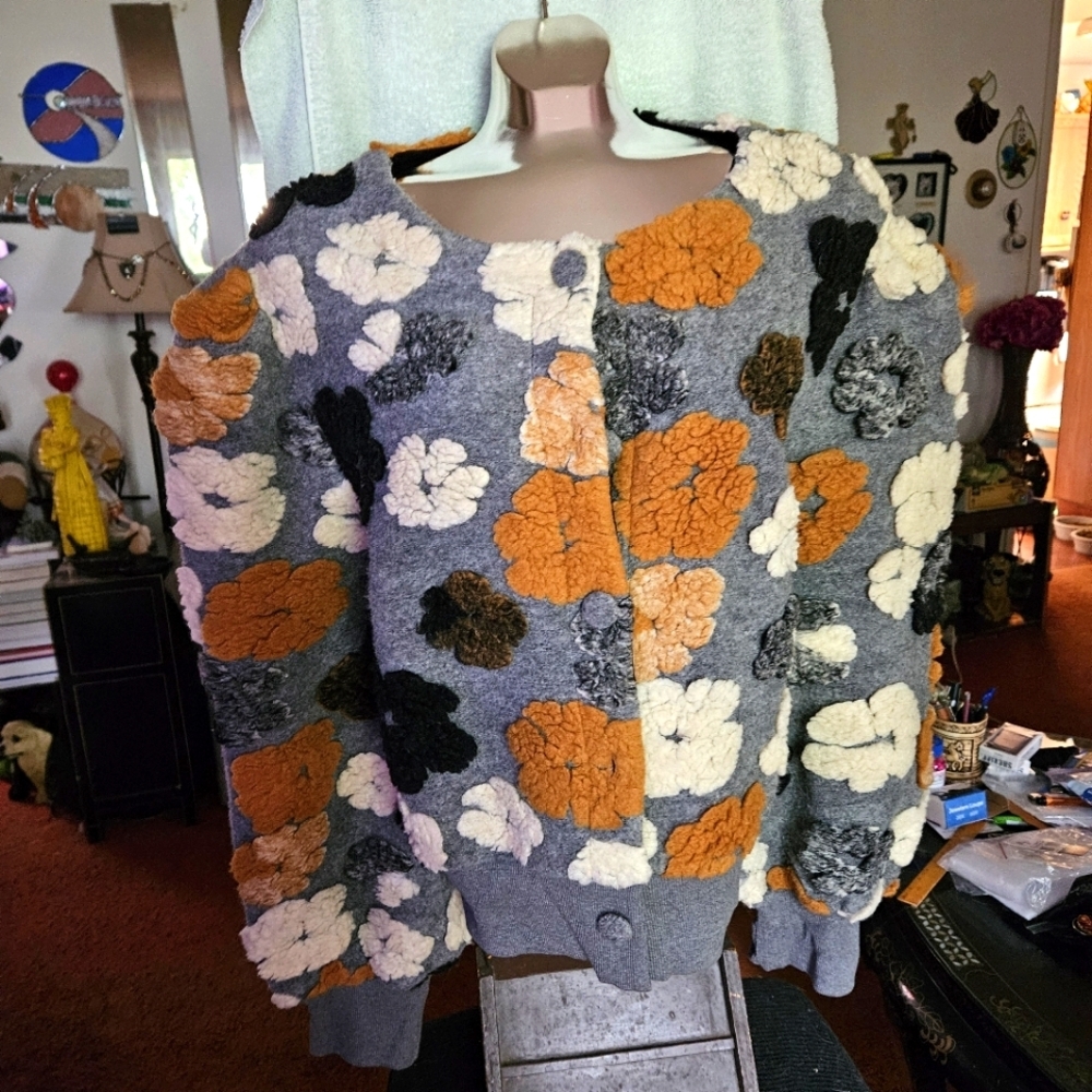 Floral Appliqué Chunky Cardigan Sweater - Gray with Orange, Cream & Black